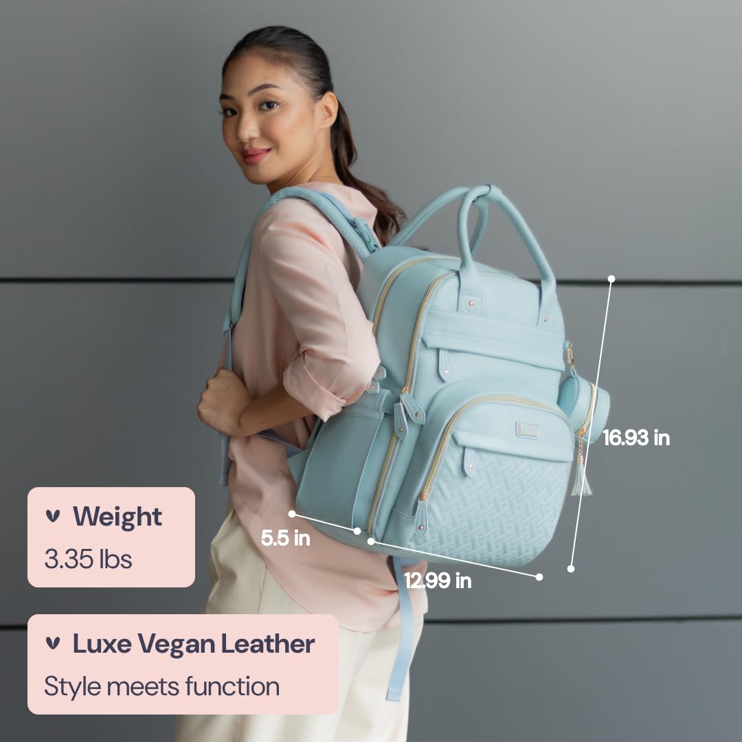 BabbleRoo Leather Diaper Bag Backpack - Baby Essentials Travel Baby Bag, Multi function, Water Resistant, with Changing Pad, Stroller Straps & Pacifier Case – Unisex, Powder Blue