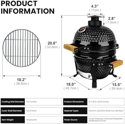 London Sunshine 13-Inch Ceramic Kamado Grill, Waterproof Vent Cap, Black