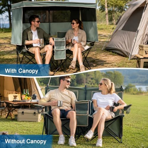 Double Beach Chair with Canopy Shade Oversized Camping Chairs with Canopy, Cooler Bag & Cup Holder Folding Loveseat for Camp Fishing Beach