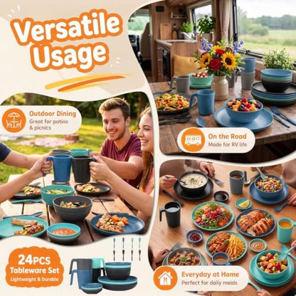 Wrova Plates and Bowls Sets for 4, 24-Piece Wheat Straw Dinnerware Sets