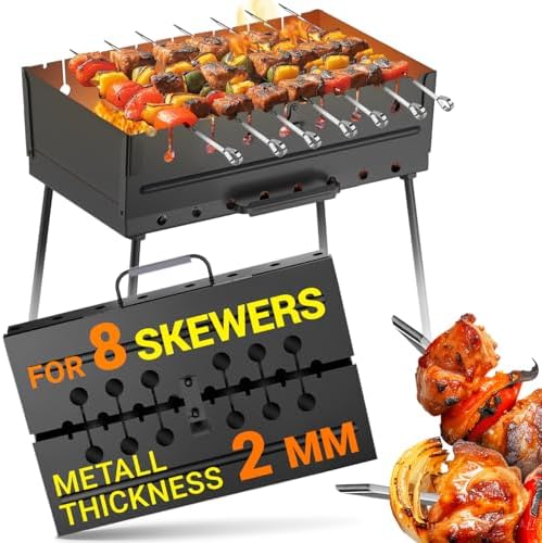 Charcoal Grill for 8 Skewers - Portable Barbecue 16.9"×11.8"×23.6" Kabob Camp Grills - Foldable Metal Mangal - Kebab Shish - BBQ for EDC Picnic Outdoor Cooking Camping Hiking (Skewers Not Included)