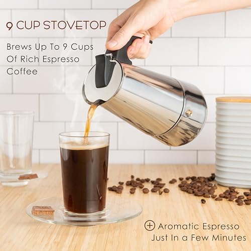 Mixpresso 9 Cup Greca Moka Pot, Stainless Steel Stovetop Espresso Maker