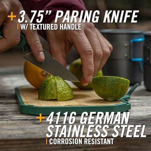 Gerber Gear ComplEAT Mini Cutting Board Set - Packable Cutting Board Kit with Dual-Sided Bamboo Board and 3.75" Paring Knife (4116 German Stainless Steel) for Camping, Picnics & Backpacking