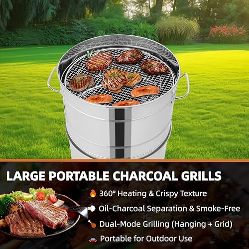360° Smokeless Stainless Steel BBQ Grill Barrel Portable Charcoal BBQ 2-in-1 Vertical Smoker Barrel Grill for Outdoor Barbecue, Camping, And Backyard Cooking (Large-50 Skewers)