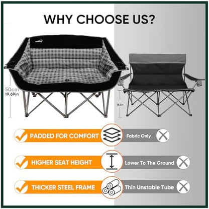 Colorsoul Double Folding Camping Chair,Fully Padded Loveseat Camping Couch,Oversized 2 Person Lawn Chair w/Cup Holder,Wine Glass Holder,Mesh Storage for Patio Picnic Beach,Support 600lbs,Black Plaid