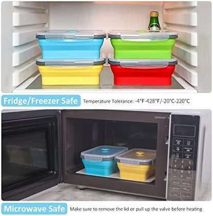 Collapsible Food Storage Containers with Airtight Lid, 27 oz, Kitchen Stacking Silicone Collapsible Meal Prep Container Set for Leftover, Microwave Freezer Dishwasher Safe, 4 Colors, Set of 4