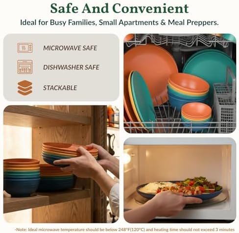 Homienly 40-Piece Unbreakable Wheat Straw Dinnerwave Sets Plates and Bowls Sets for Kitchen, RV, Dorm, Lightweight Camping Dishes Set, Service for 8, Microwave and Dishwasher Safe Dish Sets (Multi)