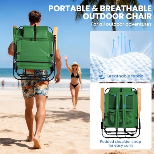 2 Pack Premium 5-Position Reclining Camping Chair - Portable Folding Lightweight Outdoor Chair with Wooden Armrests, Headrest & Pockets, 350lbs Heavy Duty for Beach, Patio, Backyard, Green