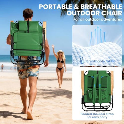 2 Pack Premium 5-Position Reclining Camping Chair - Portable Folding Lightweight Outdoor Chair with Wooden Armrests, Headrest & Pockets, 350lbs Heavy Duty for Beach, Patio, Backyard, Green