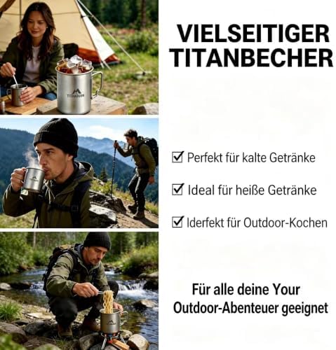 THTYBROS Titanium Cup Ultralight Camping Mug with Foldable Handle & Lid, Pure Titanium Cookware for Outdoor Hiking, Backpacking, Picnic, and Campfire