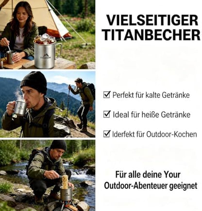 THTYBROS Titanium Cup Ultralight Camping Mug with Foldable Handle & Lid, Pure Titanium Cookware for Outdoor Hiking, Backpacking, Picnic, and Campfire