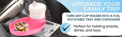 Complete Kids Travel Tray Kit - Easily Expands Cup Holder into 360° Cup & Travel Tray for Kids Car Seat, Booster, and Stroller - Toddler Road Trip Essentials Set Includes Coaster & Brush (Pink)