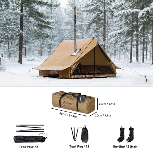 POMOLY Camping Hot Tent Cabin Tent, Chalet 70 Series Portable Wall Tents with Stove Jack and Two Poles for 2-3 Person Hiking, Backpacking