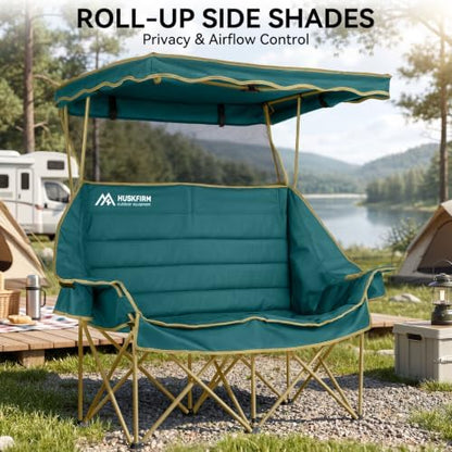 Huskfirm Double Camping Chair with Canopy Shade Folding Heavy Duty Green