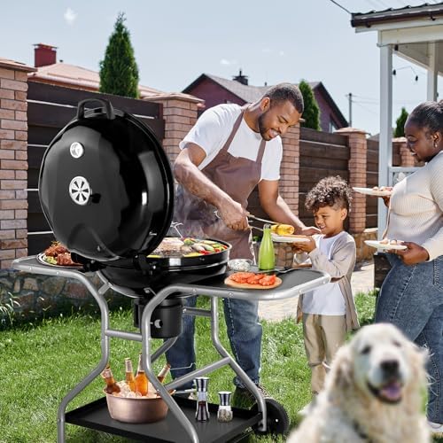 50.8" Portable Round Kettle Charcoal Grill,Metal Outdoor Barbecue Smoker,Heavy Duty Outdoor BBQ Grill,Vertical Camping Barbecue Grill,with Side Tables,for Garden Patio Beach Backyard (Black)