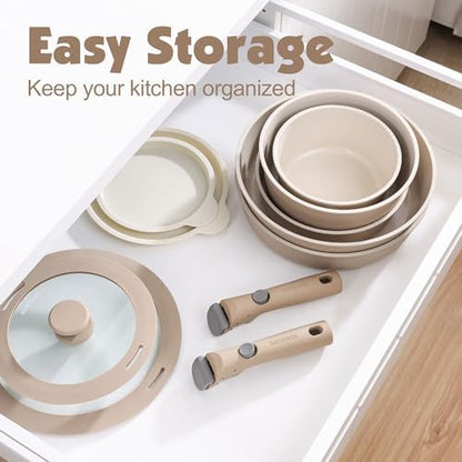 SENSARTE 24 Piece Ceramic Detachable Handle Pots and Pans Set Almond Beige