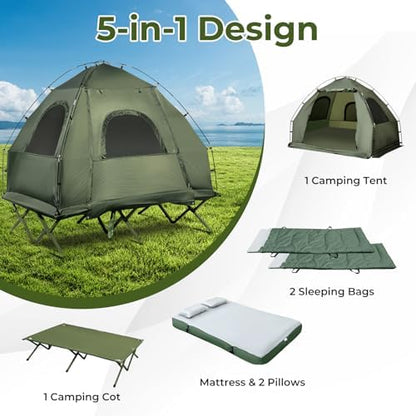 GYMAX Tent Cot, 5-in-1 Folding Camping Cot with Mattress & Pillows, Sleeping Bags, Sunshade, Camping Tent Elevated with Carrying Bag for Outdoor Hiking, Fishing, Picnic (2-Person)