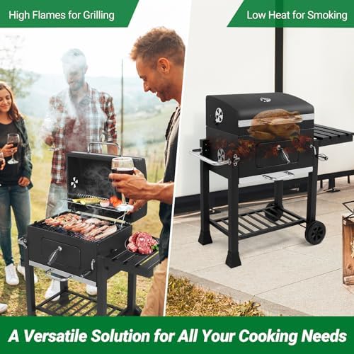 45.6" Portable Charcoal Grill,Metal Outdoor Barbecue Smoker,Heavy Duty Outdoor BBQ Grill,Vertical Camping Barbecue Grill,with Foldable Side Table & Wheels,for Garden Patio Beach Backyard (Black)