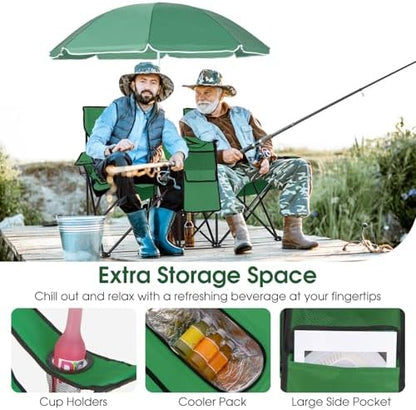 Goplus Double Camping Chairs with Umbrella, Cooler for Beach Patio