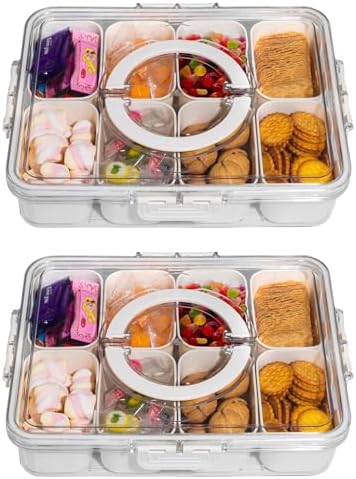 WACOI Divided Snack Serving Tray with Lid and Handle Travel Snackle Charcuterie Container Portable Storage Organizer for Candy, Fruits, Nuts, Snacks, Party, Picnic 2 Packs White