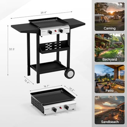 ROVSUN 2 Burner Portable Propane Griddle with Nonstick Enameled Tray, 20000 BTU Rolling Flat Top Gas Grill with Electronic Ignition, Side Shelves & Regulator for Outdoor Cooking Camping BBQ Tailgating