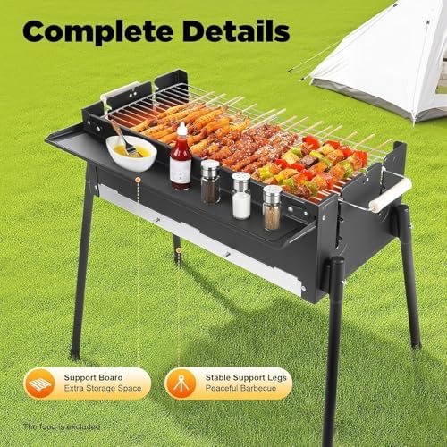Portable Charcoal Grill with 3-Gear Height Adjustment – 3-8 Person 201 Stainless Steel Freestanding BBQ for Backyard Camping & Family Cookouts w/25.79x11.42in Cooking Surface