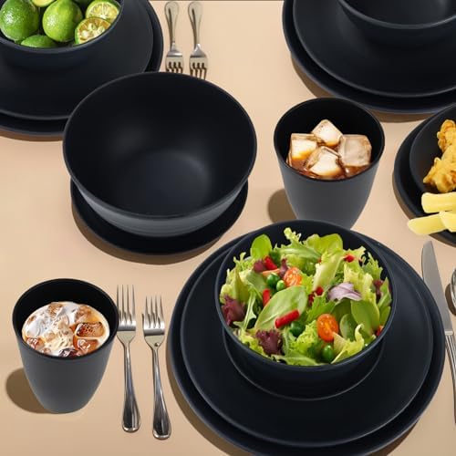 Wrova Wheat straw dinnerware sets of 40-10 inches plates,9 inches plates,6inches snack plate,26oz bowls,12oz cups - Unbreakable plates and bowls sets microwave safe and dishwasher safe. Black