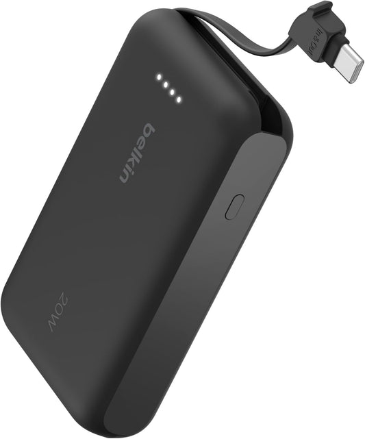 Belkin Portable Charger, Power Bank 10000 mAh with Integrated Cable - 20W Fast Charge USB-C Power Delivery, iPhone Charger - Apple iPhone 16 Series, iPad Pro, Samsung Galaxy S25, & More - Black