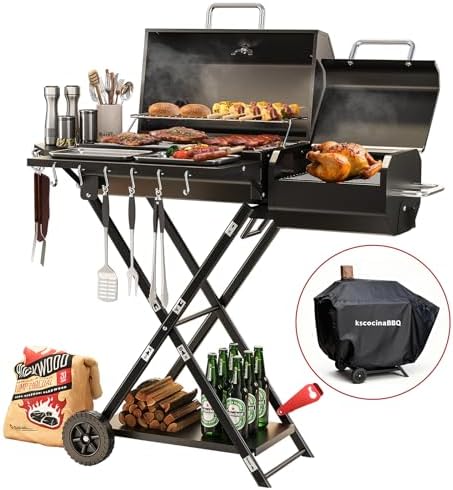 Portable Charcoal Grill with Smoking Function, Foldable Suitcase Design with Wheels, Multi-Tier Storage Rack & Waterproof Cover for Outdoor BBQ Parties (Black)