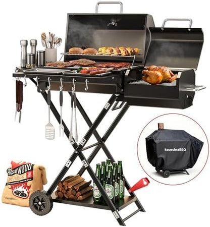 Portable Charcoal Grill with Smoking Function, Foldable Suitcase Design with Wheels, Multi-Tier Storage Rack & Waterproof Cover for Outdoor BBQ Parties (Black)