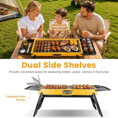 Portable Charcoal Grill Stainless Steel, Small Foldable BBQ Suitcase with Portable Side Shelves & Heat Resistant, Lightweight Tabletop Barbecue for Camping Picnic Backyard Beach Travel