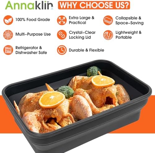 Silicone Collapsible Marinating Container with Lid for Meat, 2.64Gal/10L, 2 Pack Extra Large Collapsible BBQ Prep Tub, Transparent Locking Lid, XL Grill Prep Trays & Carry System, BBQ Must-Have, Black