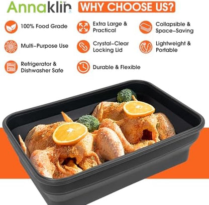Silicone Collapsible Marinating Container with Lid for Meat, 2.64Gal/10L, 2 Pack Extra Large Collapsible BBQ Prep Tub, Transparent Locking Lid, XL Grill Prep Trays & Carry System, BBQ Must-Have, Black
