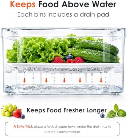 SMRCAD Clear Fridge Bins with Drain Trays - BPA-Free PET, Stackable(6 Pack)