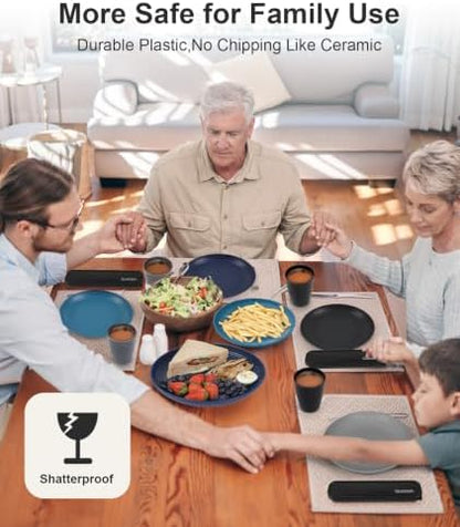Quatish 24 Pcs Plates and Bowls Sets, Plastic Dinnerware Sets for 6, Blue