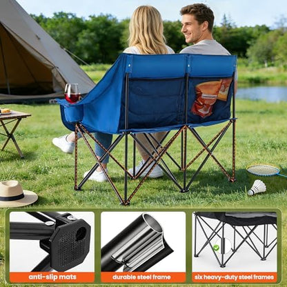 Asrug Padded Double Camping Chair 2 Person Folding Camping Chair Loveseat with Cup Holders and Side Pockets Heavy Duty Camping Couch for Outdoor Beach Fishing Garden 650lbs Support (Blue & Dark Gray)