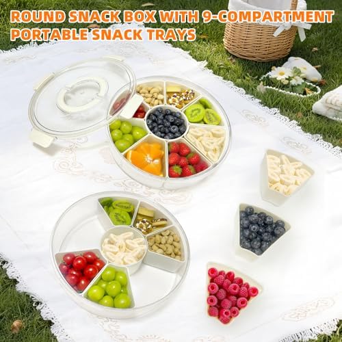Round Divided Serving Tray with Lid and Handle, 9 Compartments Snackle Box Container for Party, Large Serving Platter Storage Organizer for Picnic, Travel, Camping Essentials