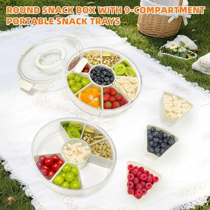 Round Divided Serving Tray with Lid and Handle, 9 Compartments Snackle Box Container for Party, Large Serving Platter Storage Organizer for Picnic, Travel, Camping Essentials