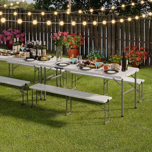 2pk Folding Table with 4 Benches Set for Camping, Picnic, White