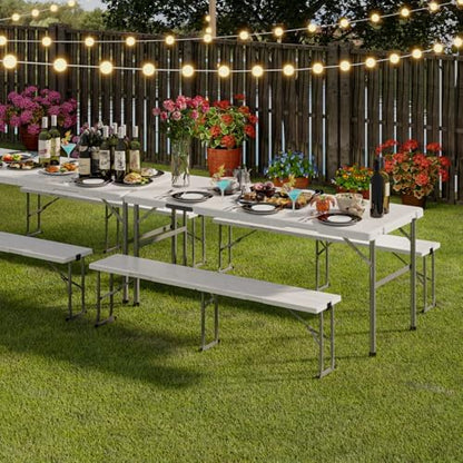 2pk Folding Table with 4 Benches Set for Camping, Picnic, White