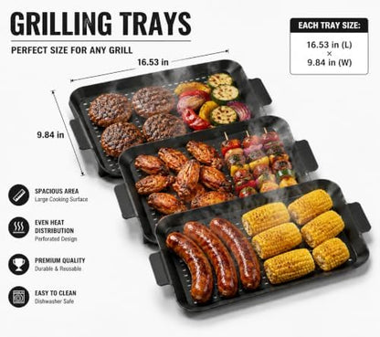 3PCS Grill pan: Grill Topper for Outdoor Grill, Non-Stick Enamel Coating Grill Topper Suitable for Camping, Picnic, Party