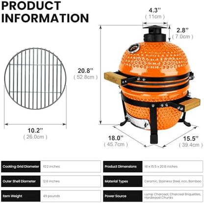 London Sunshine 13-Inch Ceramic Kamado Grill, Waterproof Vent Cap, Orange