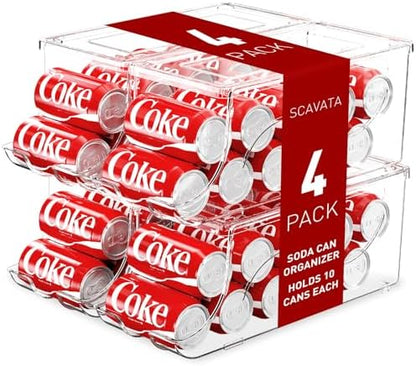 SCAVATA 4 Pack Stackable Refrigerator Organizer, Soda Can Dispenser Pop Cans Container Beverage Holder with Lid for Fridge, Freezer, Kitchen, Clear Plastic Storage Bins-Holds 10 Cans Each