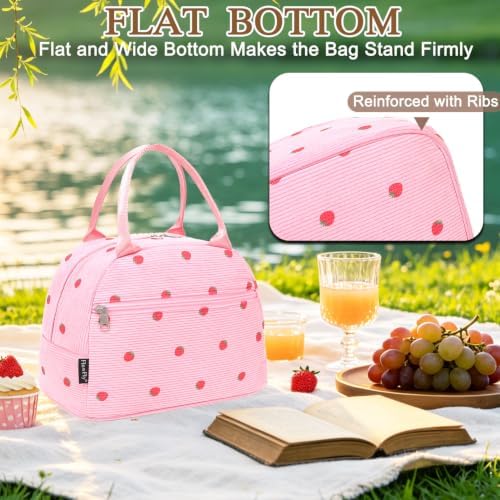 FlowFly Insulated Lunch Bag for Women – Corduroy Lunch Tote Box, Cute Cooler Bag for Work, Travel, Picnic,Corduroy Strawberries RoseRed