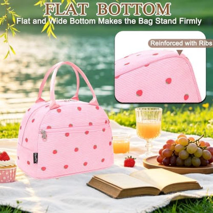 FlowFly Insulated Lunch Bag for Women – Corduroy Lunch Tote Box, Cute Cooler Bag for Work, Travel, Picnic,Corduroy Strawberries RoseRed