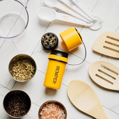 Hemper Keeper 3‑in‑1 Herb Grinder with Dual Storage Container - Smell‑Proof, Airtight & Water‑Resistant - Built‑In Removable Grinder, Dual Compartments for Flower & Ground - (Yellow & Black)