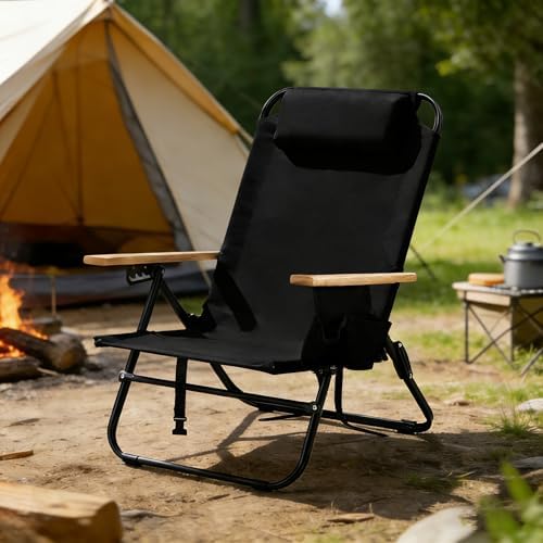 1 Pack Premium 5-Position Reclining Camping Chair - Portable Folding Lightweight Outdoor Chair with Wooden Armrests, Headrest & Pockets, 350lbs Heavy Duty for Beach, Patio, Night Black