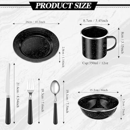 Nuogo 48 Pcs Camping Dinnerware Enamel Mugs Plates Bowls Utensils, Black
