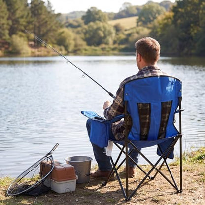 Camping Chairs for Adults 2 Pack, Folding Chair with 4-Can Cooler Bag & Cup Holder, Portable Heavy Duty Outdoor Chair with Mesh Back for Camping, Beach, Lawn, Fishing, Blue