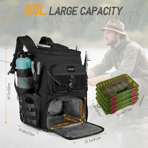 Goture Fishing Backpack with 4 Tackle Boxes,55L Tackle Backpack with Cooler